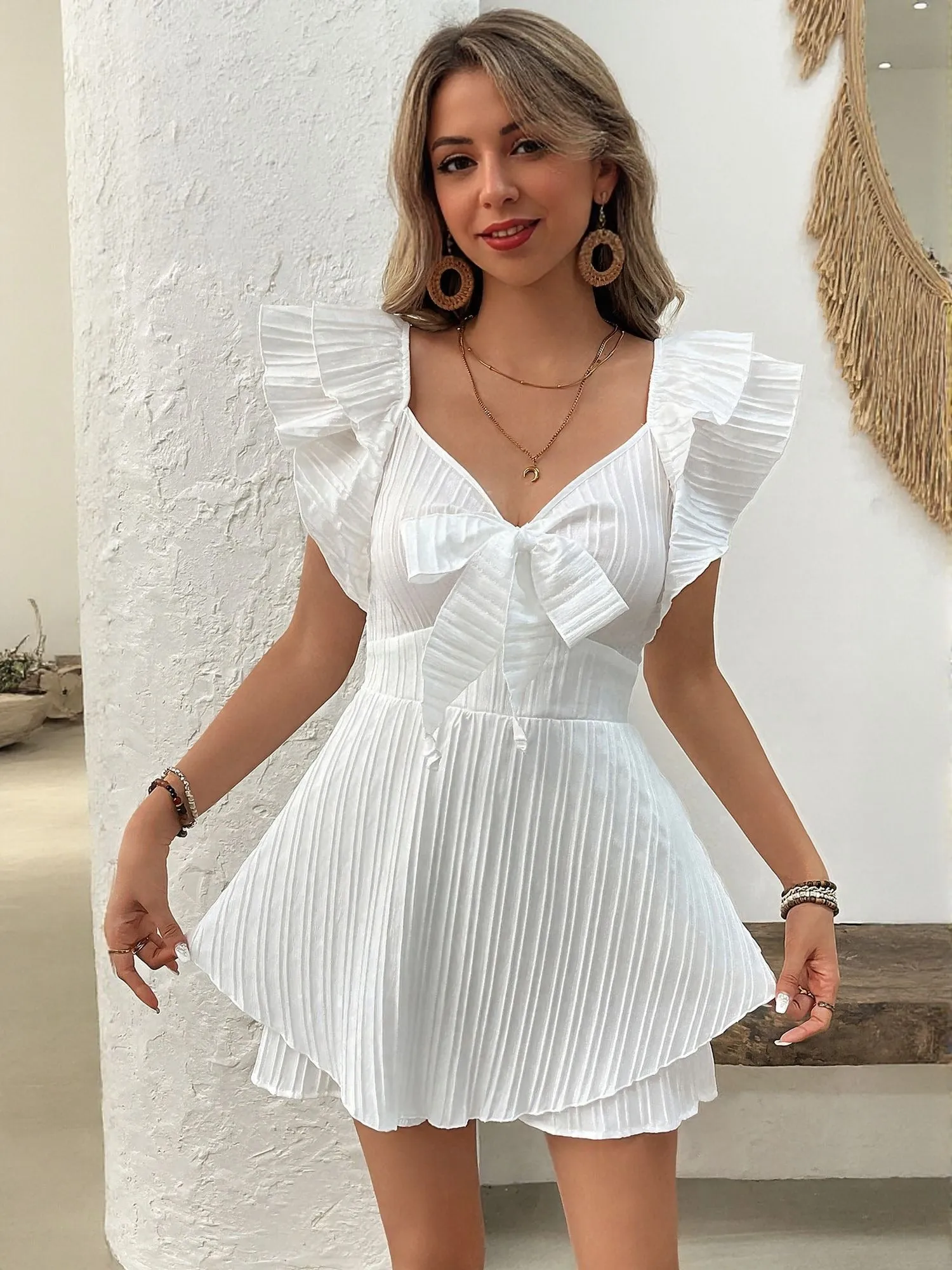 White Mini Dress With Ruffled Sleeve