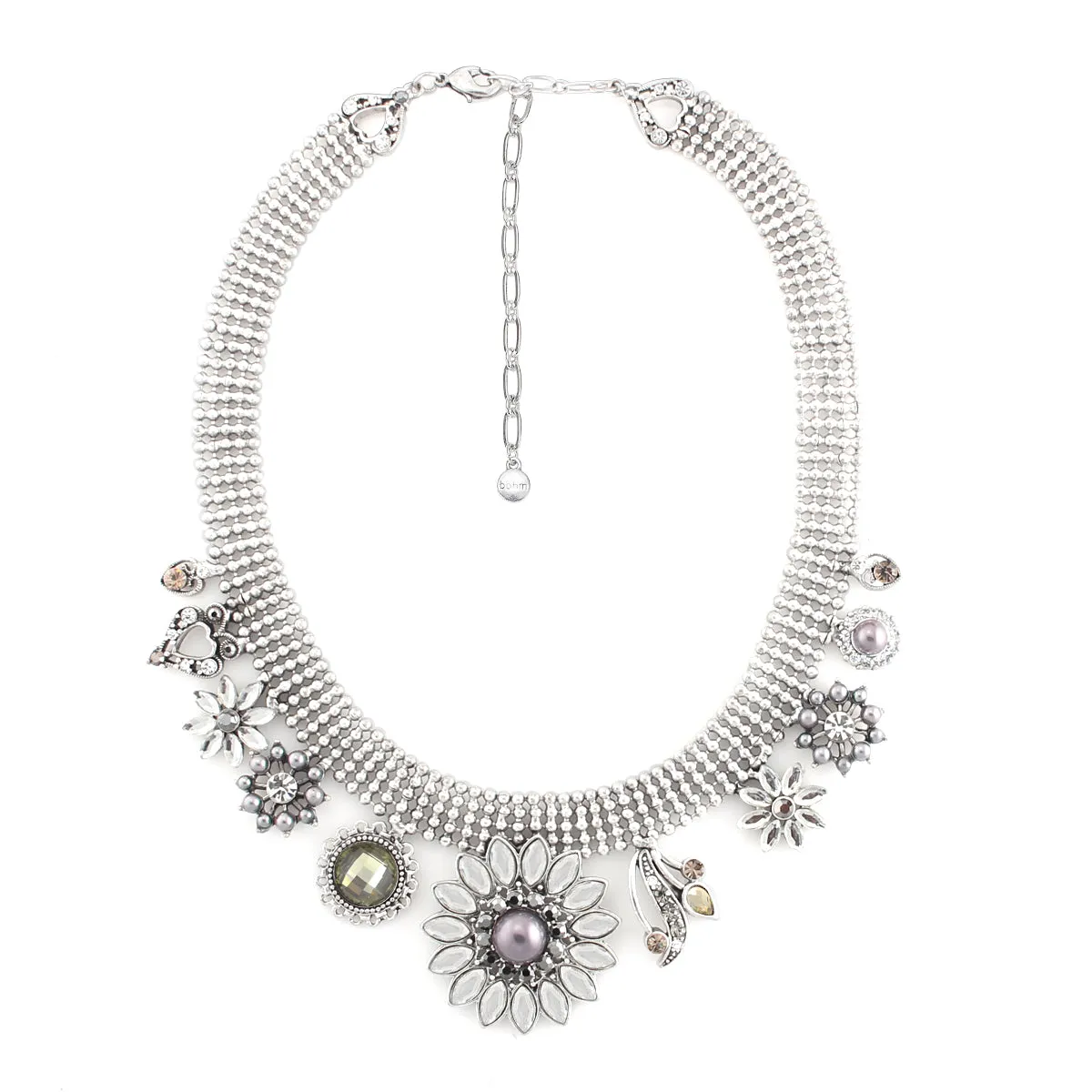 WHITE YELLOW CRYSTAL AND GREY PEARL FLOWER CHARM NECKLACES #246GR1401 (1D12/1C10)