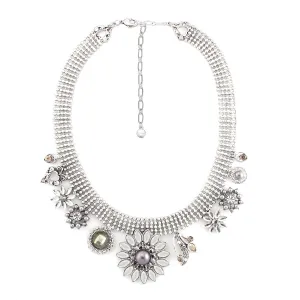 WHITE YELLOW CRYSTAL AND GREY PEARL FLOWER CHARM NECKLACES #246GR1401 (1D12/1C10)