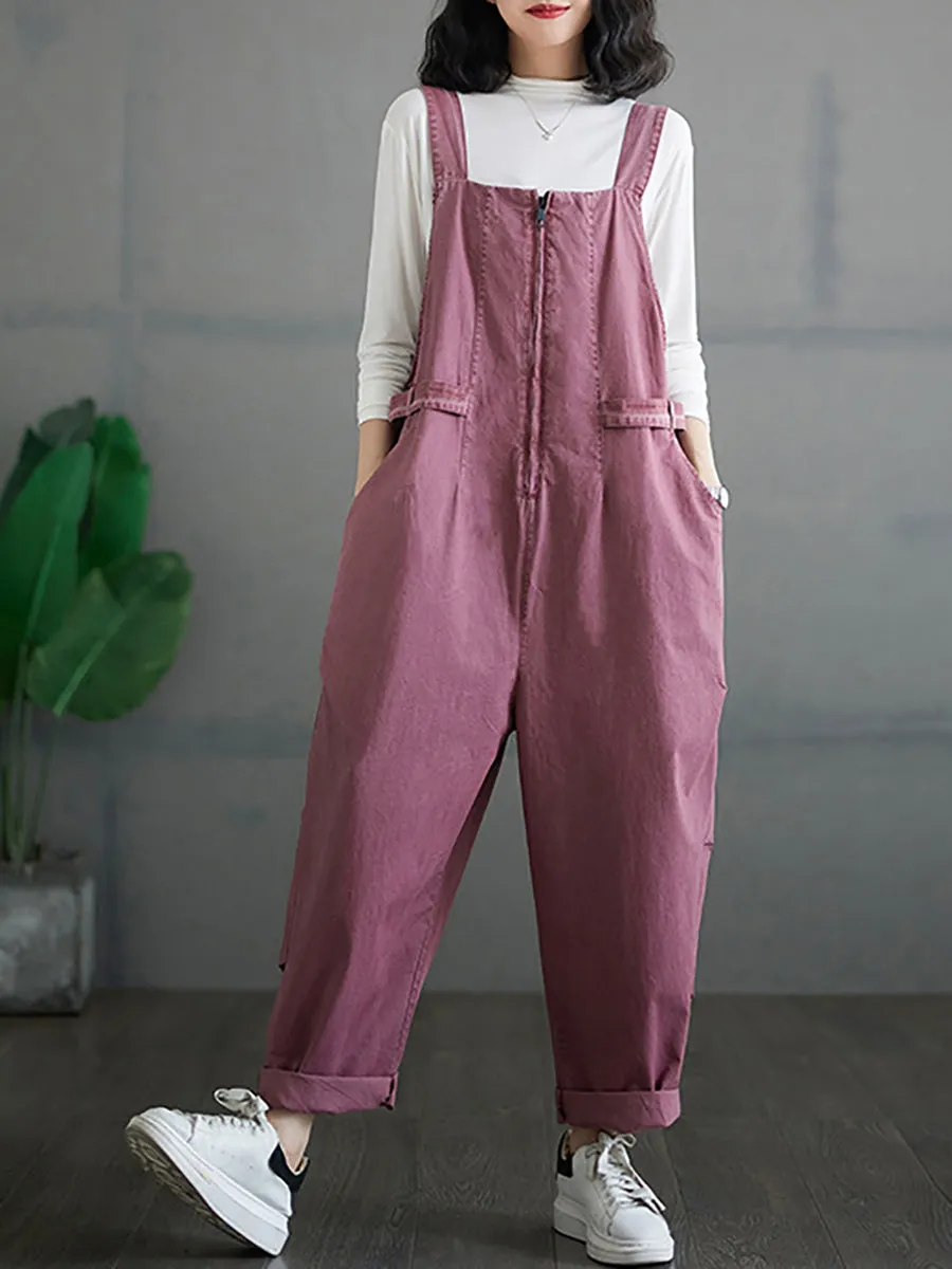 Women Autumn Vintage Zipper Casual Loose Solid Jumpsuits