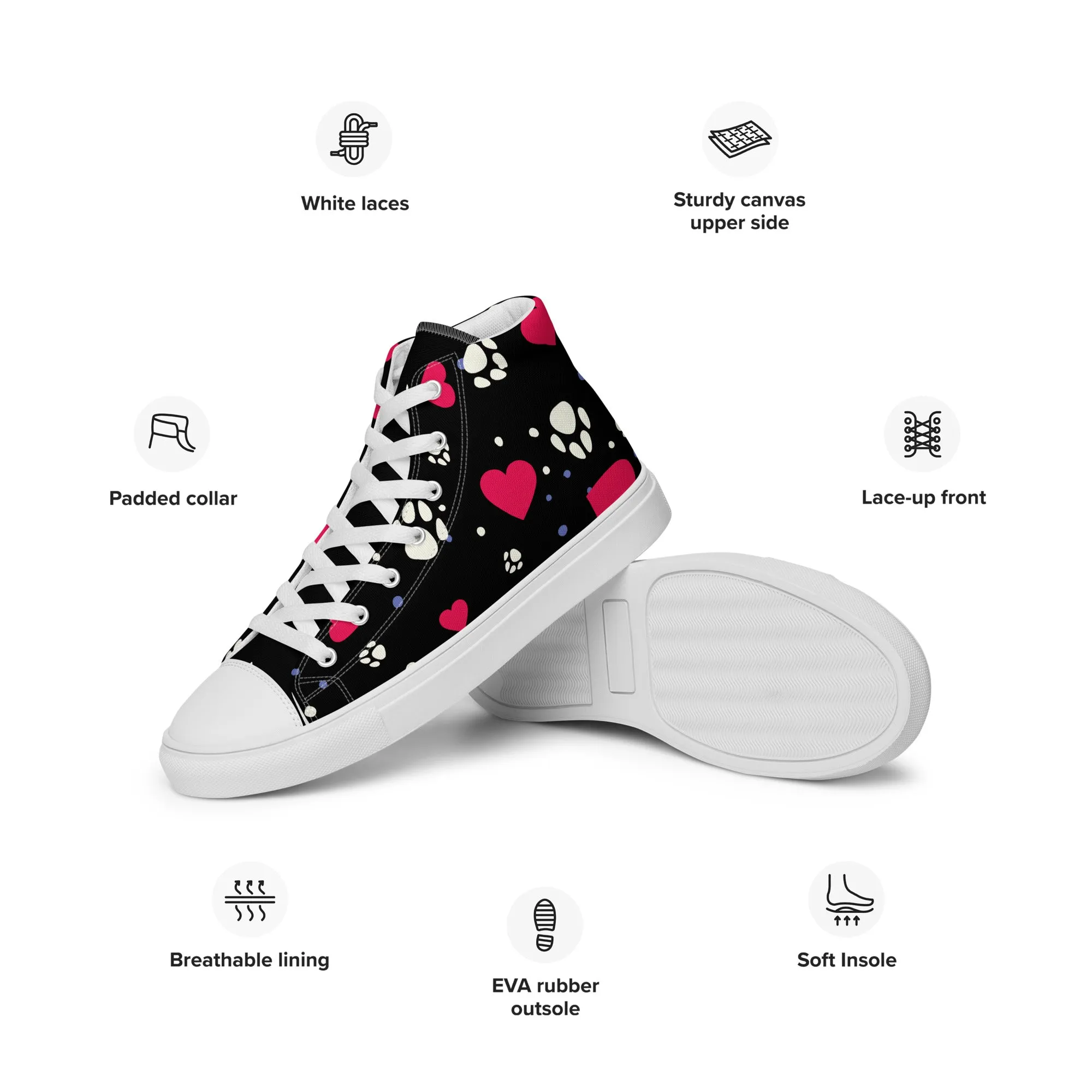 Women's Black Hearts and Paws Sneakers