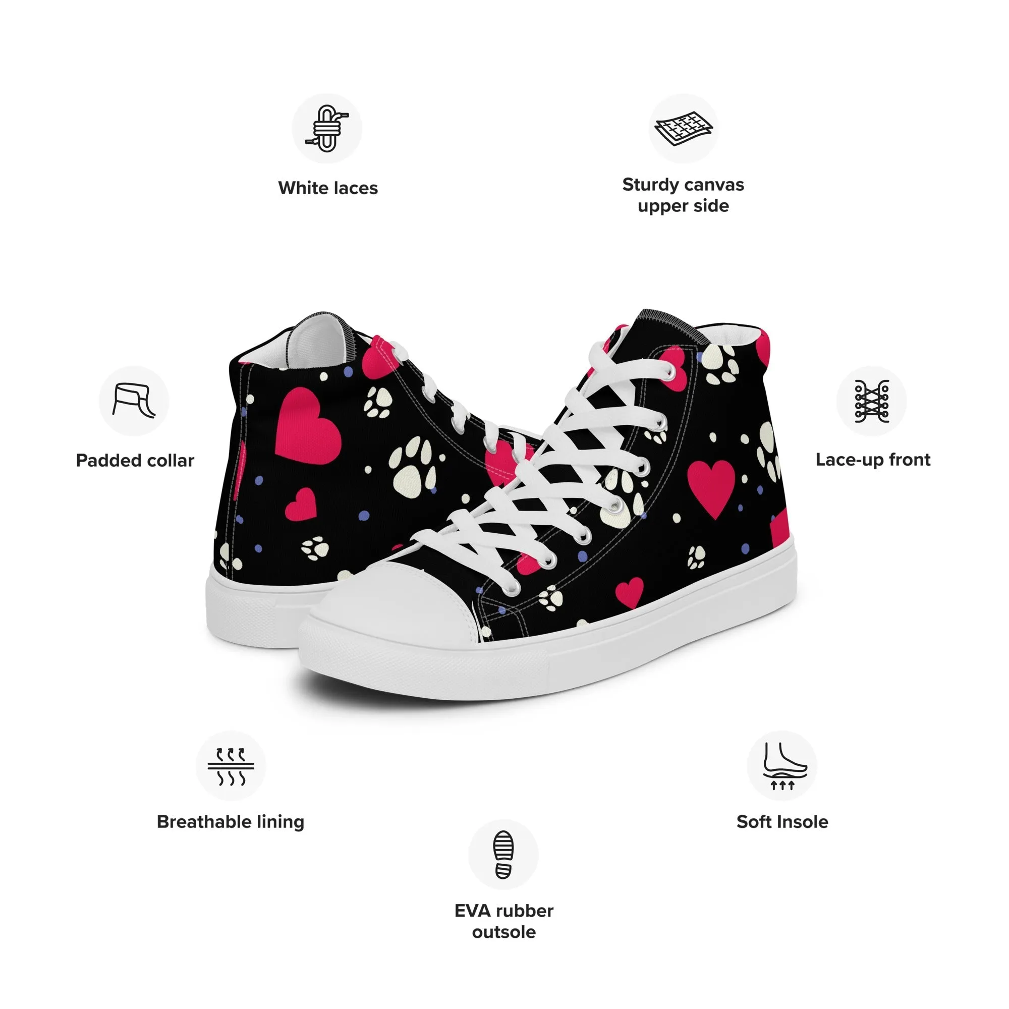 Women's Black Hearts and Paws Sneakers
