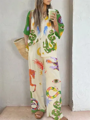 Women's Casual Animal Print Linen Homewear Shirt   Pants