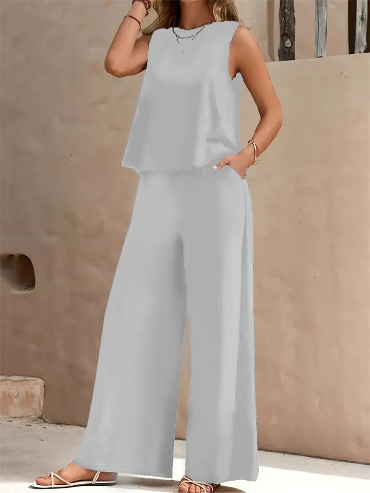 Women's Elegant Solid Color Sleeveless Shirt   Casual Pants