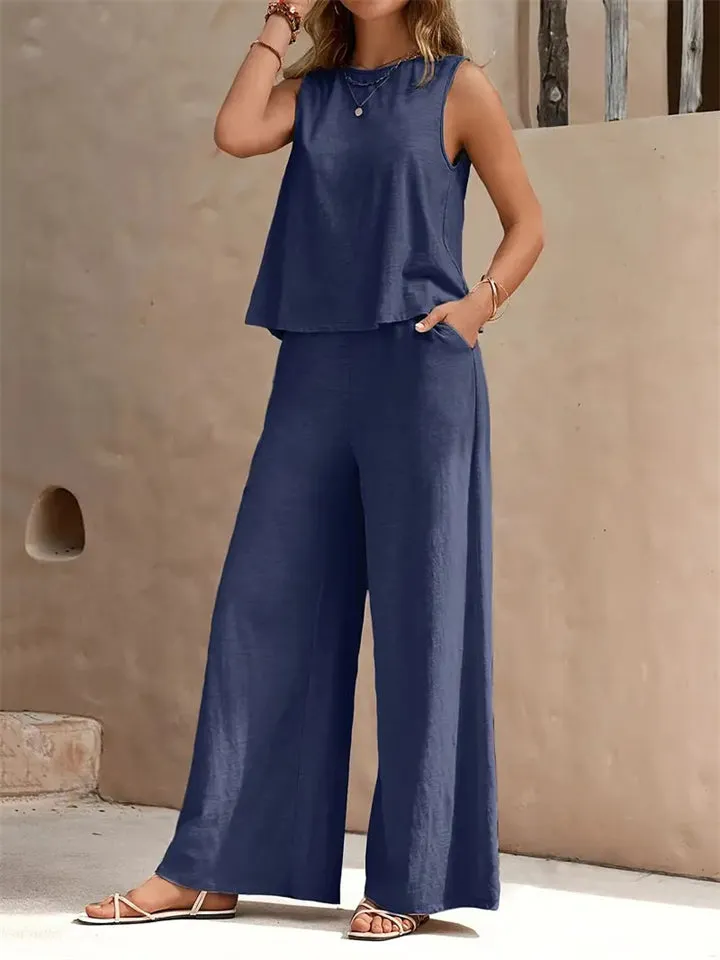 Women's Elegant Solid Color Sleeveless Shirt   Casual Pants