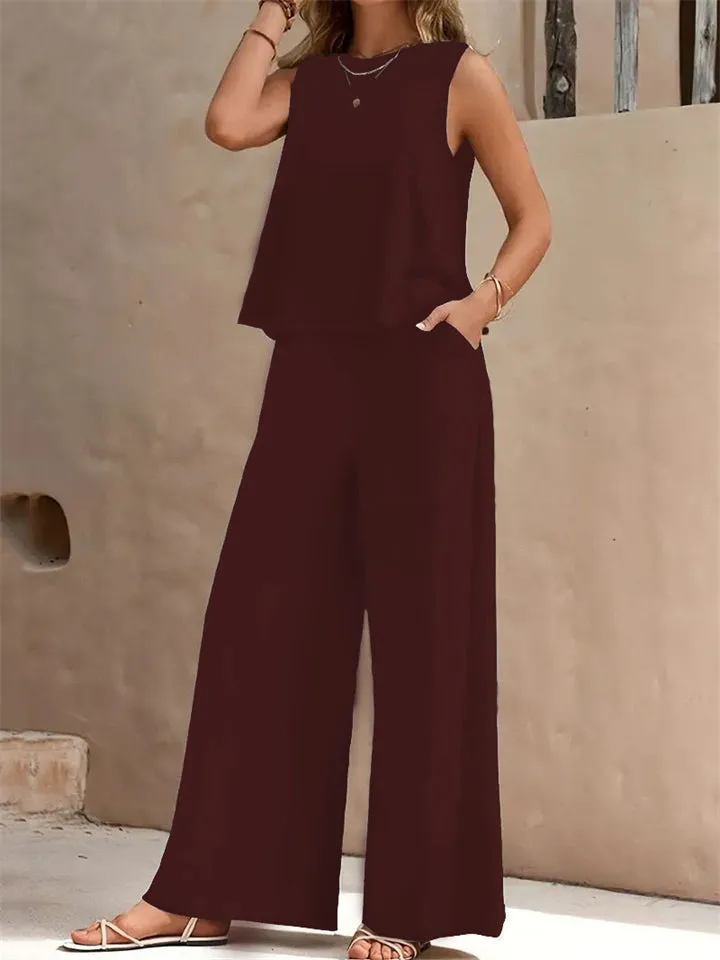 Women's Elegant Solid Color Sleeveless Shirt   Casual Pants