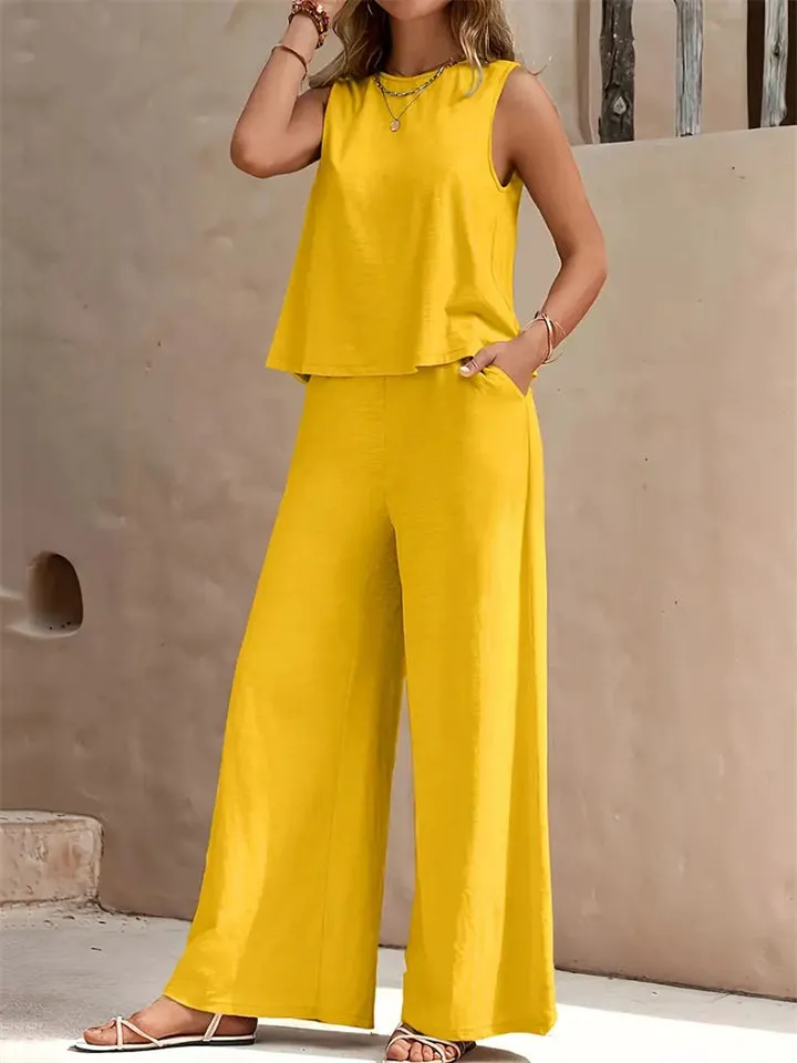 Women's Elegant Solid Color Sleeveless Shirt   Casual Pants