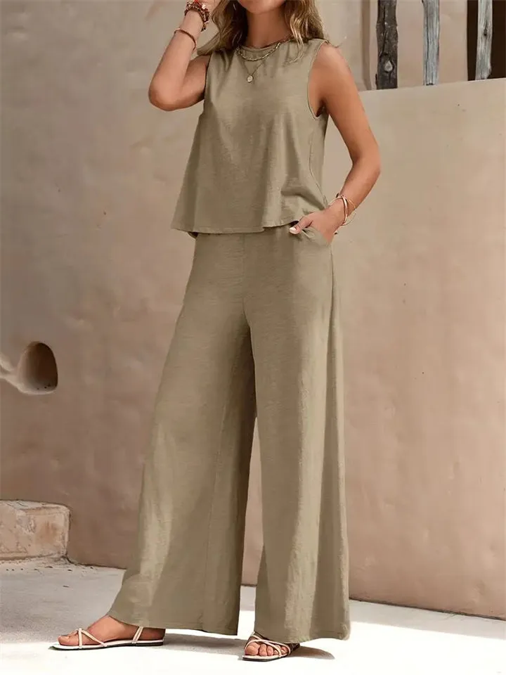 Women's Elegant Solid Color Sleeveless Shirt   Casual Pants