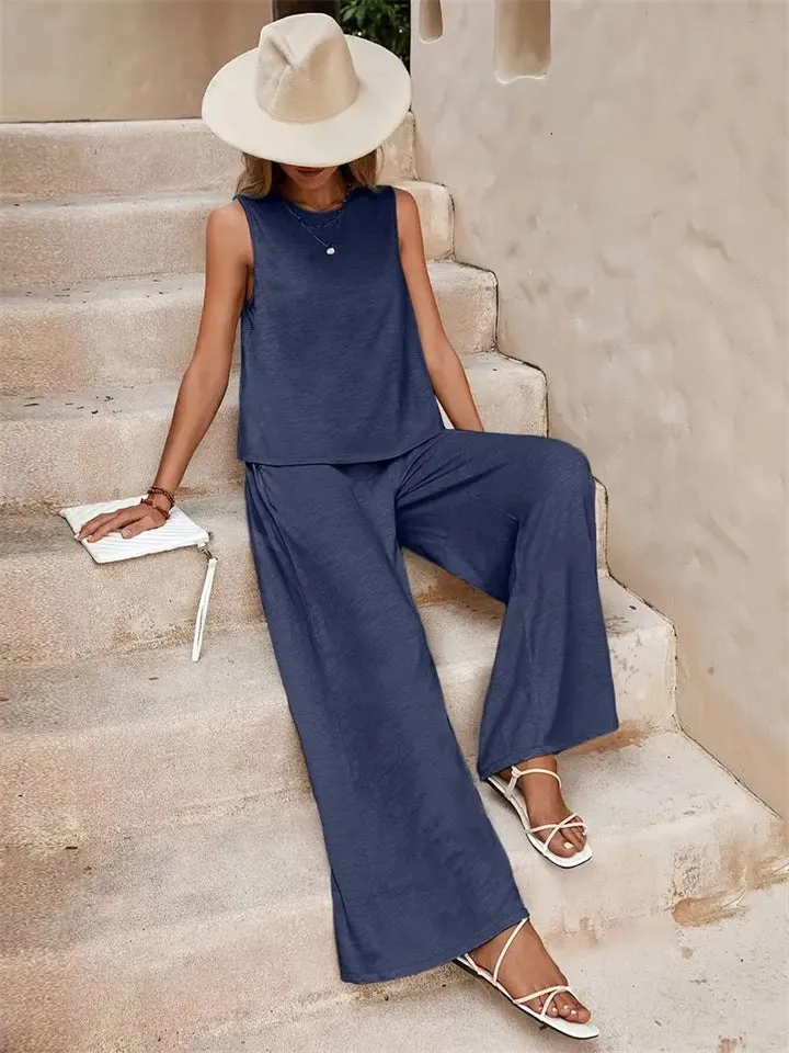 Women's Elegant Solid Color Sleeveless Shirt   Casual Pants