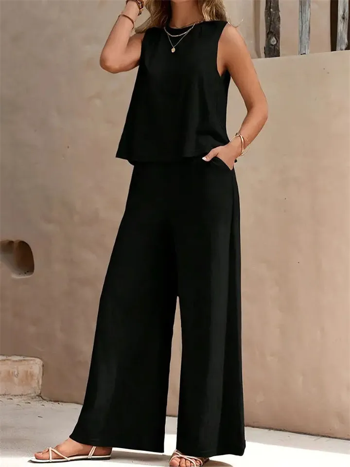 Women's Elegant Solid Color Sleeveless Shirt   Casual Pants