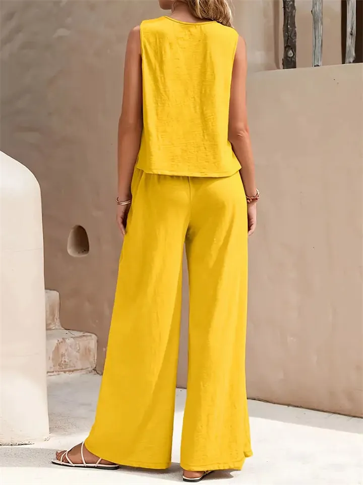 Women's Elegant Solid Color Sleeveless Shirt   Casual Pants