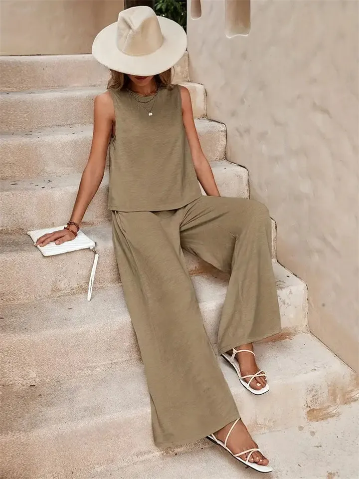 Women's Elegant Solid Color Sleeveless Shirt   Casual Pants
