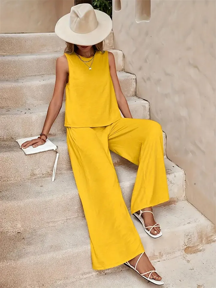 Women's Elegant Solid Color Sleeveless Shirt   Casual Pants