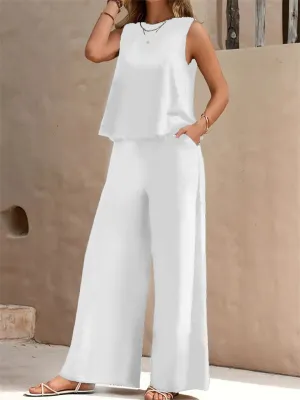 Women's Elegant Solid Color Sleeveless Shirt   Casual Pants