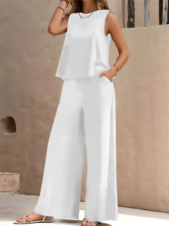 Women's Elegant Solid Color Sleeveless Shirt   Casual Pants