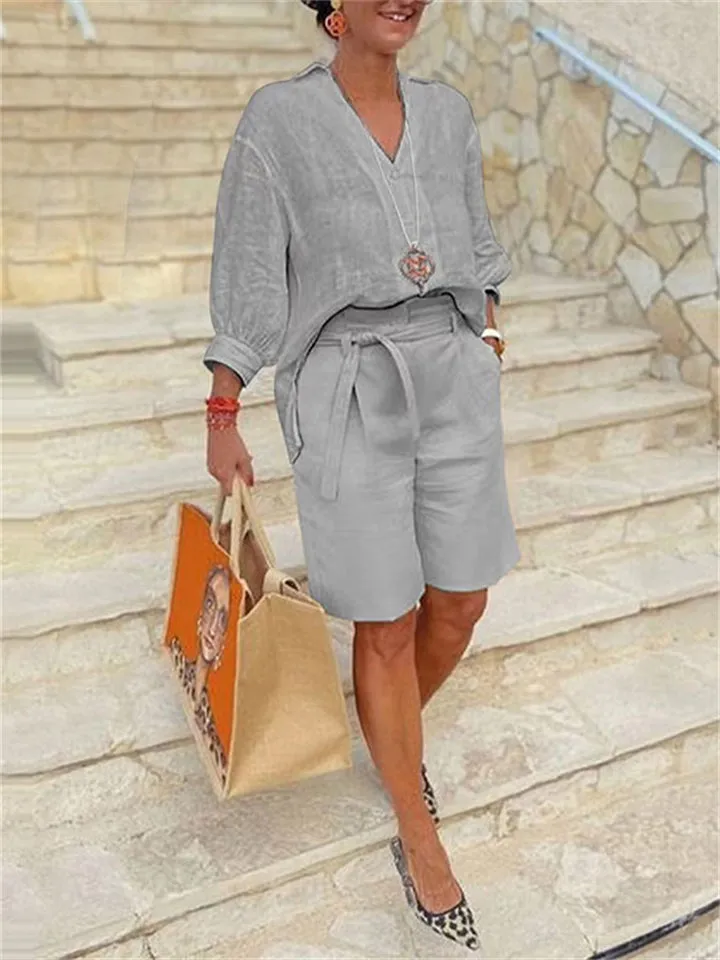 Women's Fashion Casual V Neck Pullover Shirt   Loose Shorts