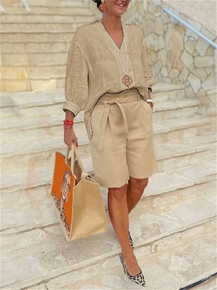Women's Fashion Casual V Neck Pullover Shirt   Loose Shorts