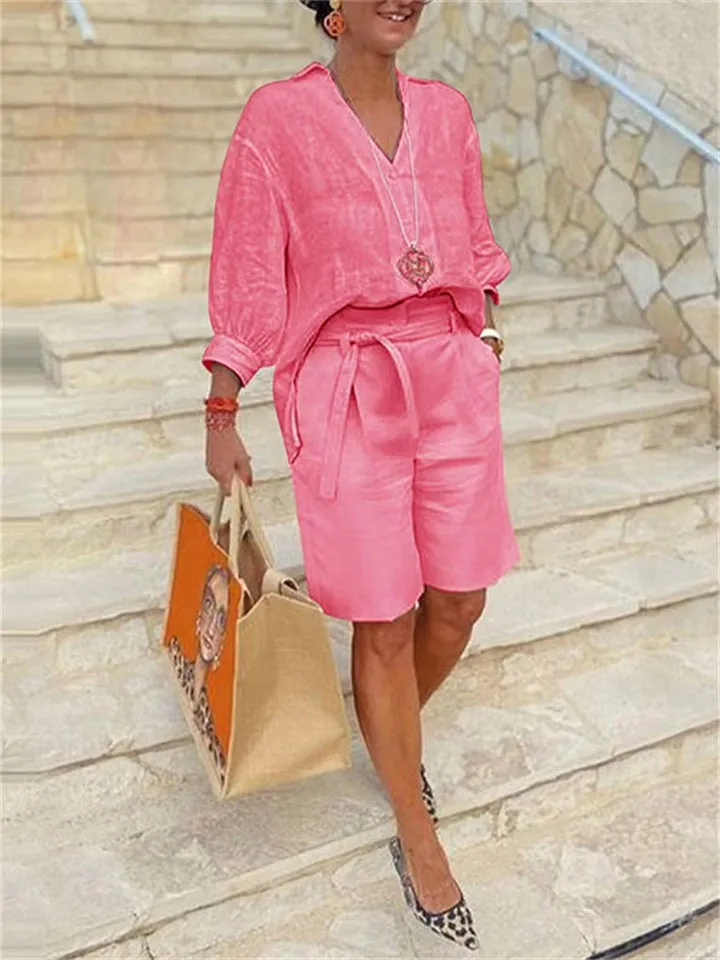 Women's Fashion Casual V Neck Pullover Shirt   Loose Shorts