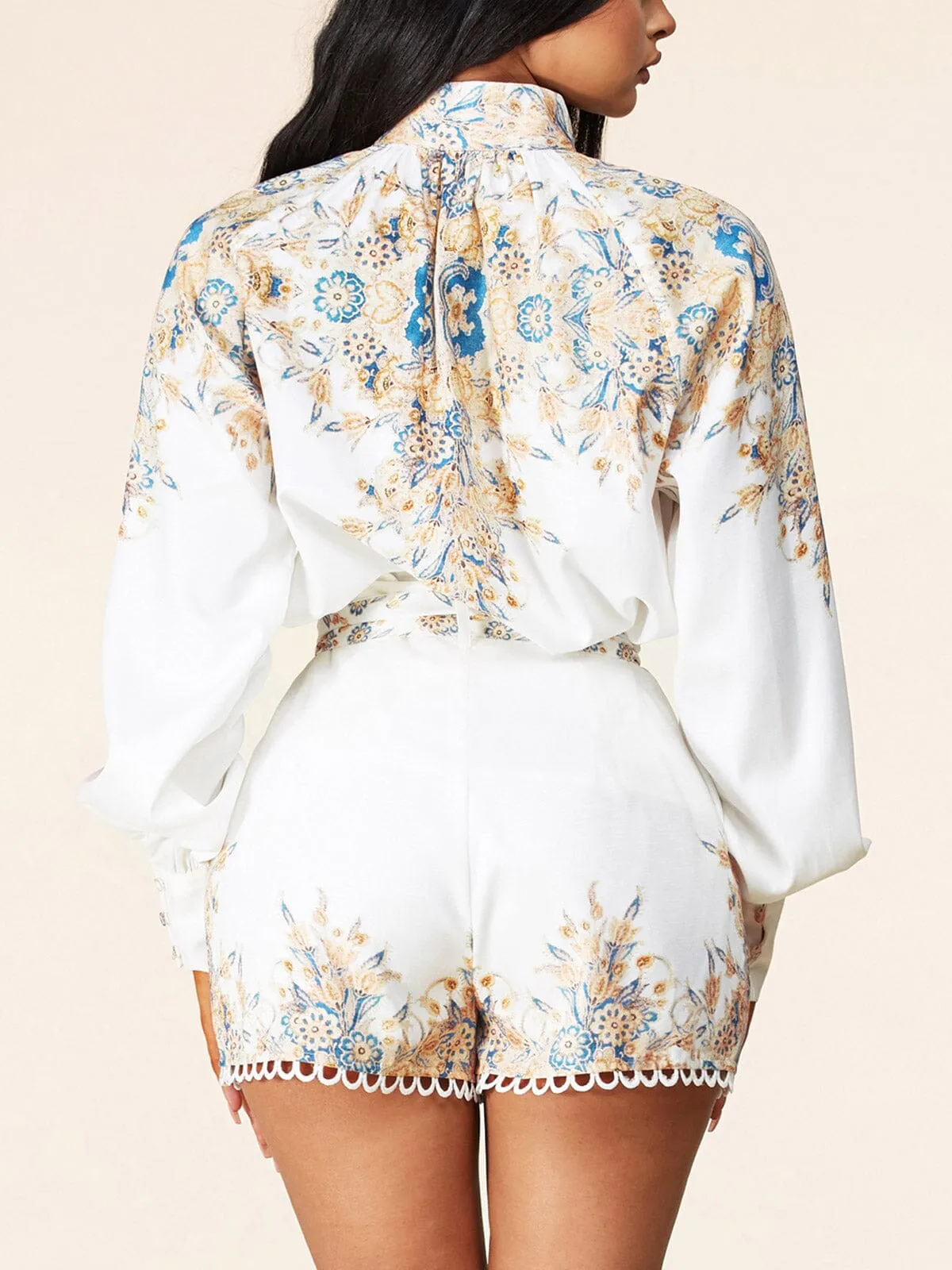WOMEN'S LONG SLEEVE 2PC. TOP & SHORTS FLORAL SET