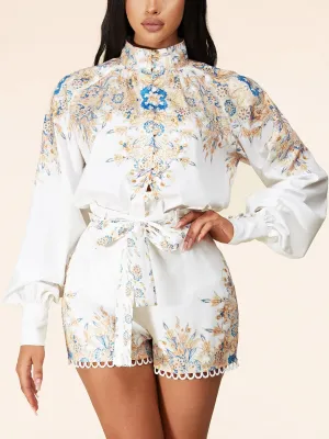WOMEN'S LONG SLEEVE 2PC. TOP & SHORTS FLORAL SET
