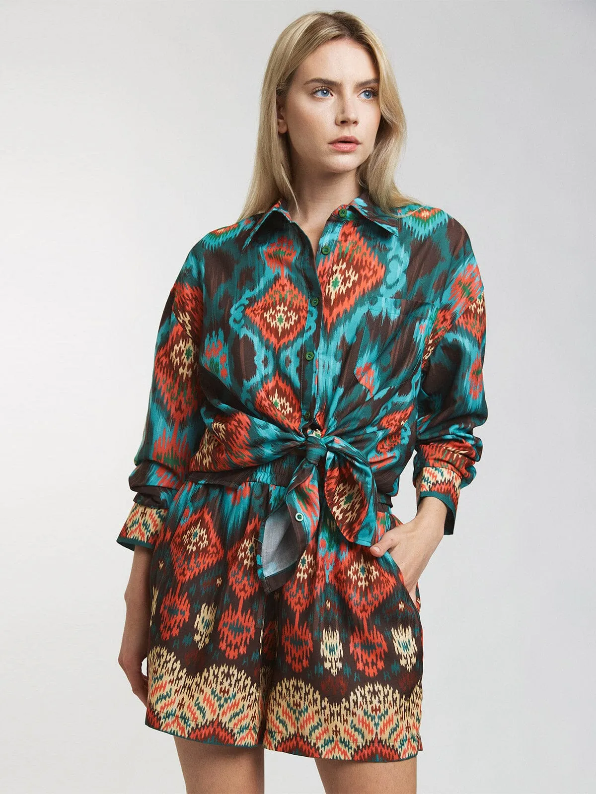 WOMEN'S LONG SLEEVE BLOUSE & ELASTIC WAIST SHORTS MULTI PRINT 2 PC. SET