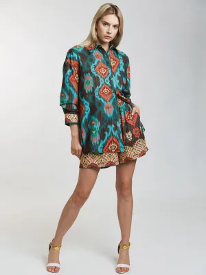 WOMEN'S LONG SLEEVE BLOUSE & ELASTIC WAIST SHORTS MULTI PRINT 2 PC. SET