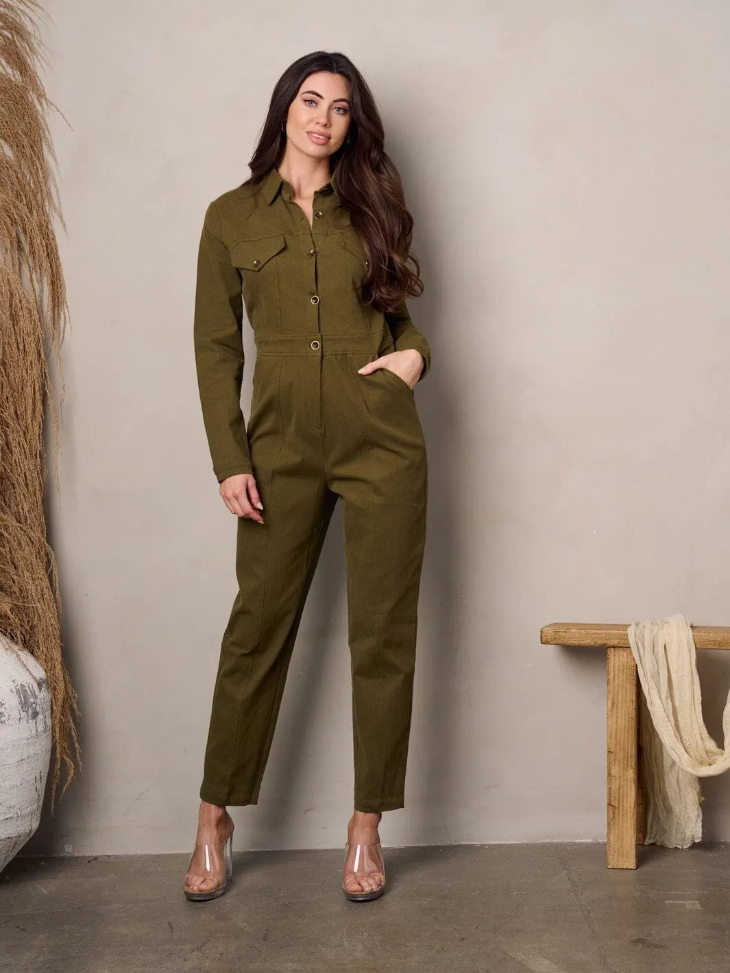 WOMEN'S LONG SLEEVE BUTTON UP POCKETS CORDUROY JUMPSUIT