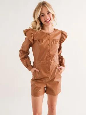 WOMEN'S LONG SLEEVE BUTTON UP POCKETS PU PLEATHER ROMPER
