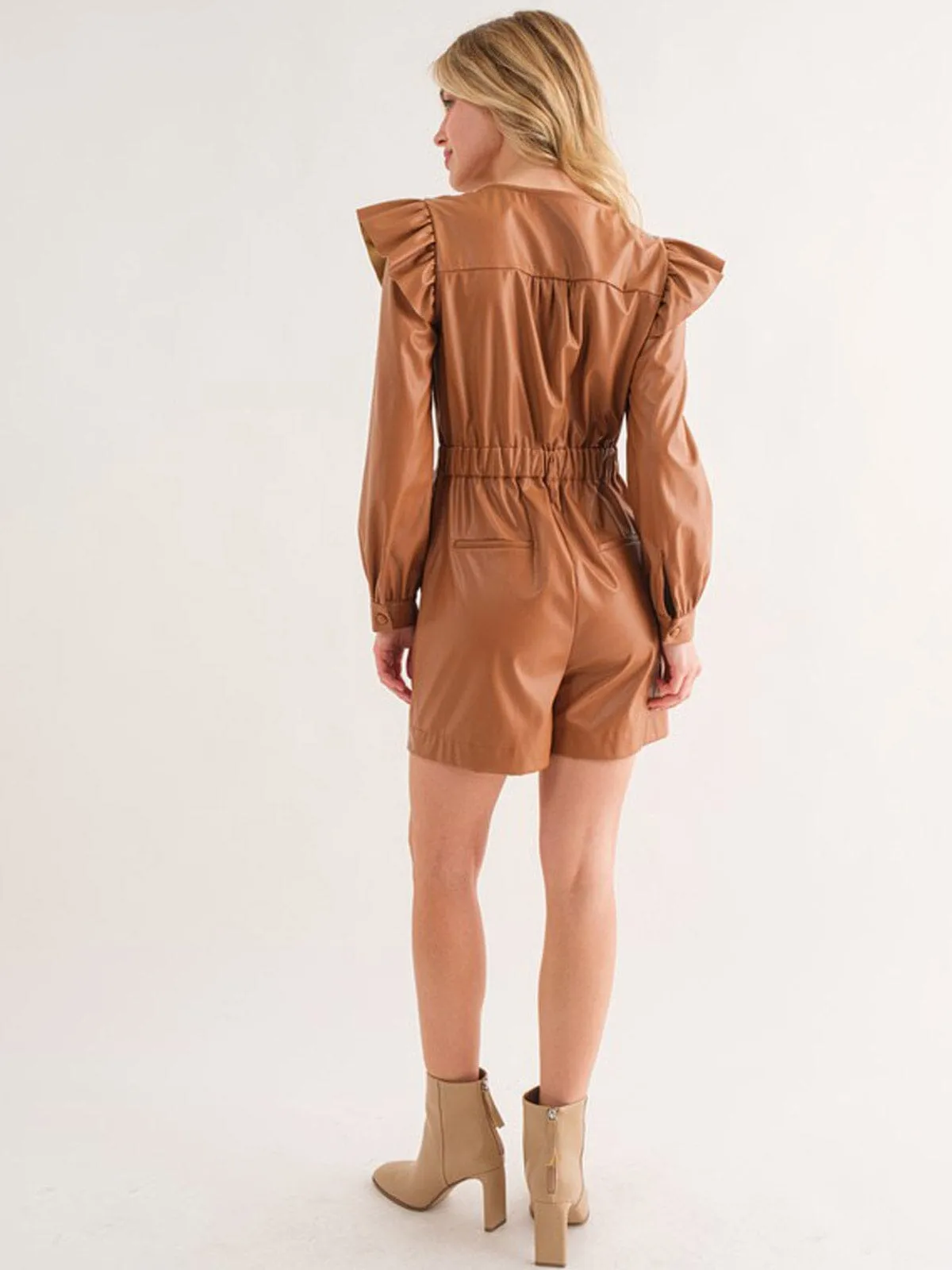 WOMEN'S LONG SLEEVE BUTTON UP POCKETS PU PLEATHER ROMPER