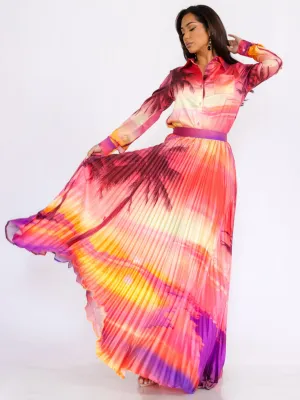 WOMEN'S LONG SLEEVE TOP & MAXI SKIRT COLORBLOCK PRINTED 2PC. SET