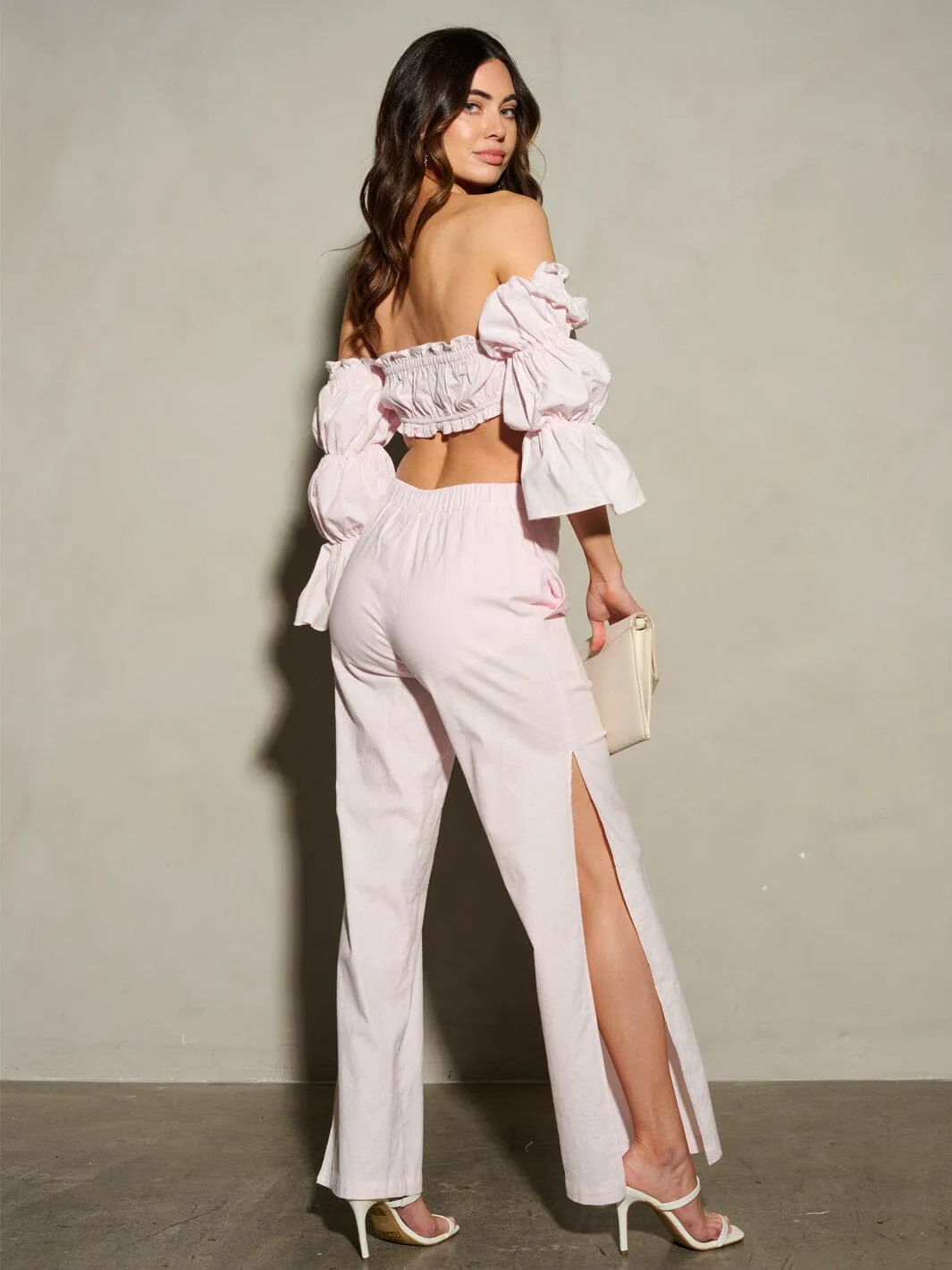 WOMEN'S OFF SHOULDER CROP TOP & SIDE SLIT PANTS 2PC. SET