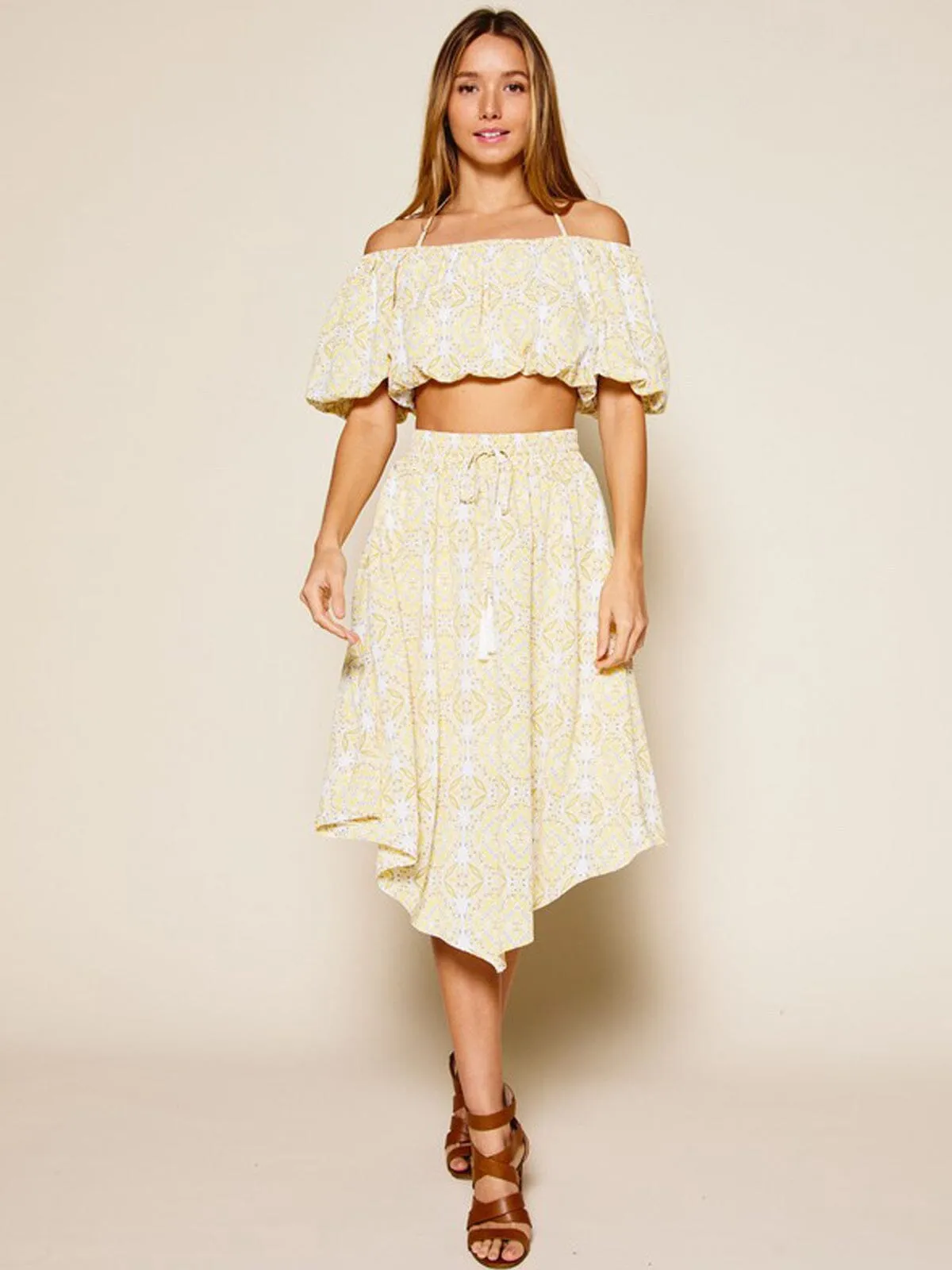 WOMEN'S OFF SHOULDER TOP & MIDI SKIRT MULTI PRINT SET
