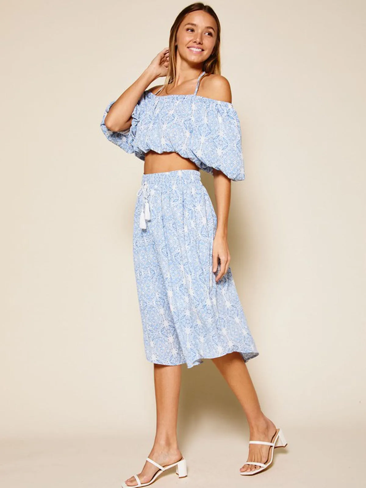 WOMEN'S OFF SHOULDER TOP & MIDI SKIRT MULTI PRINT SET