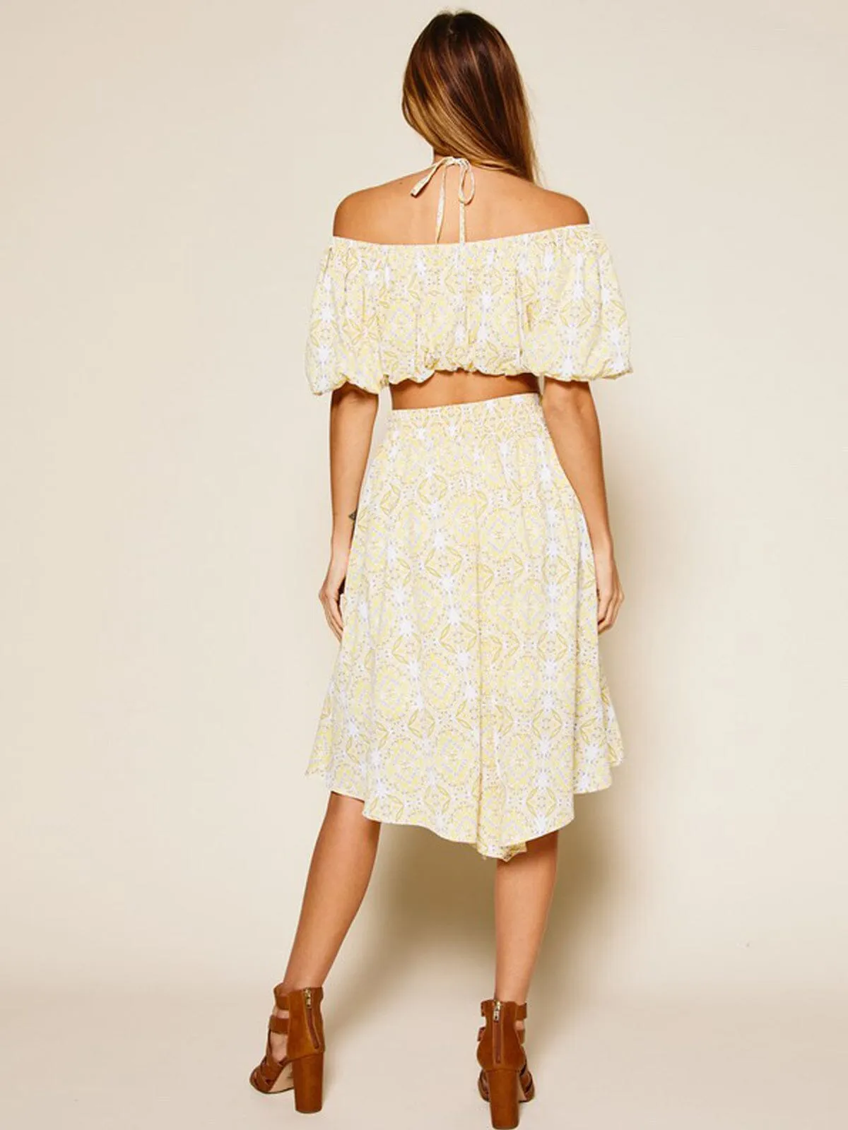 WOMEN'S OFF SHOULDER TOP & MIDI SKIRT MULTI PRINT SET
