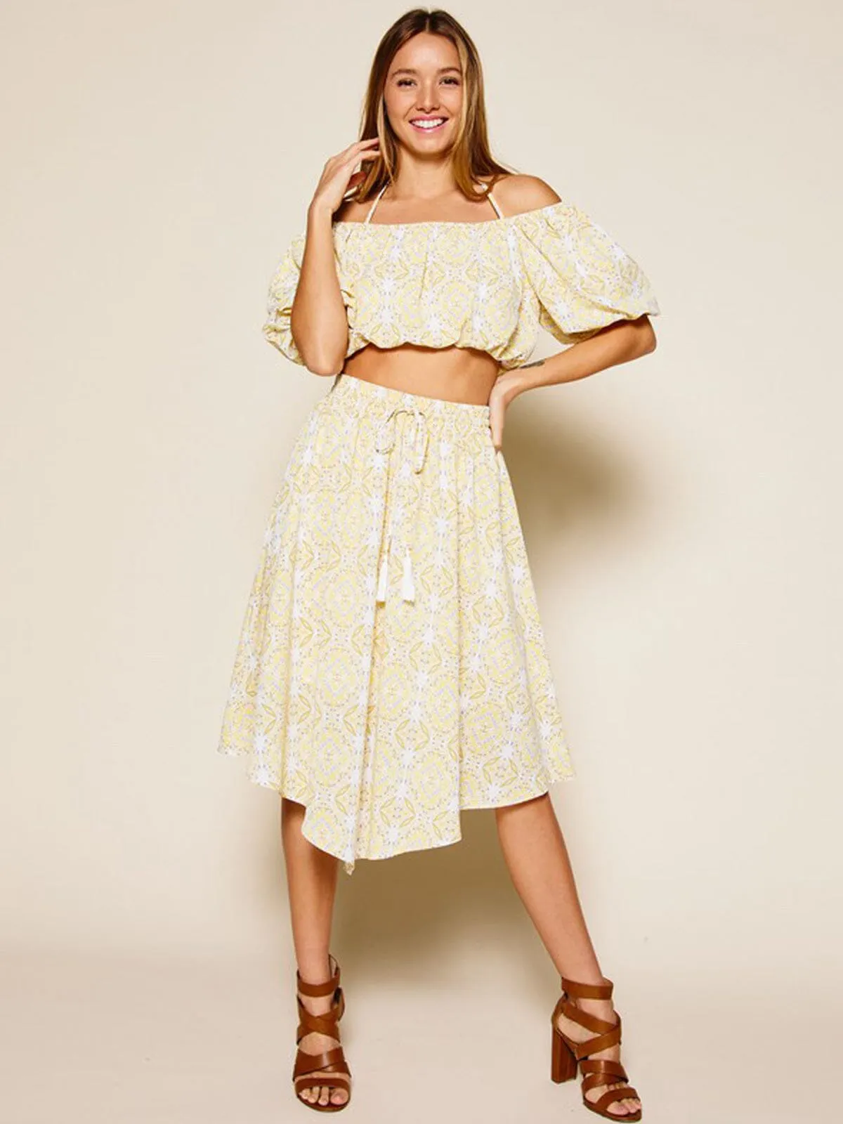 WOMEN'S OFF SHOULDER TOP & MIDI SKIRT MULTI PRINT SET