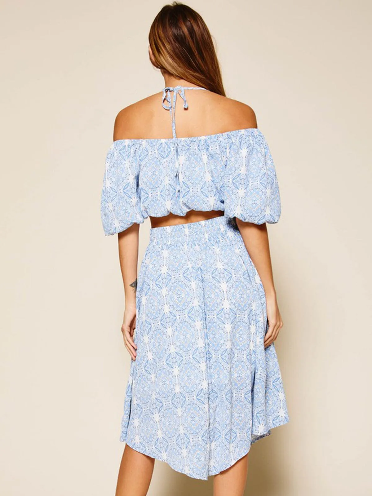 WOMEN'S OFF SHOULDER TOP & MIDI SKIRT MULTI PRINT SET