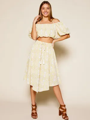 WOMEN'S OFF SHOULDER TOP & MIDI SKIRT MULTI PRINT SET