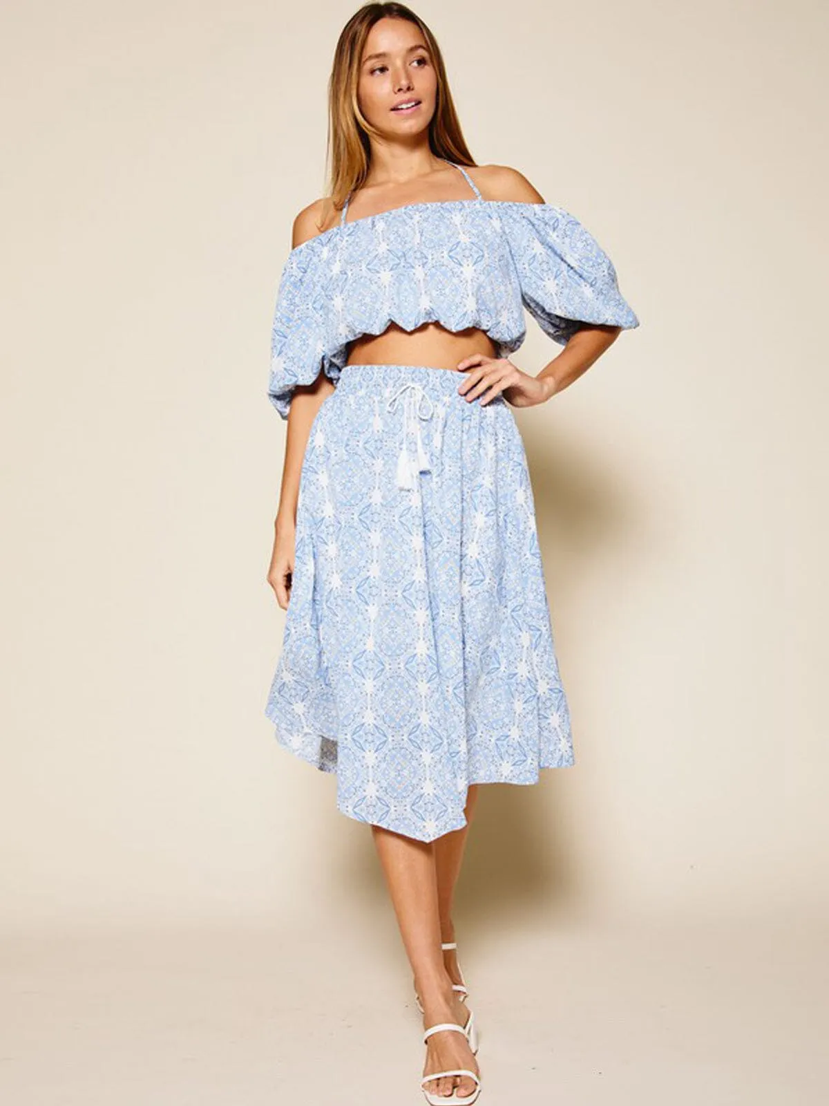 WOMEN'S OFF SHOULDER TOP & MIDI SKIRT MULTI PRINT SET