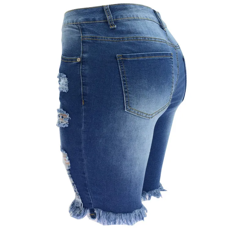 Women's Ripped Denim Shorts With Fringe Bermuda Shorts