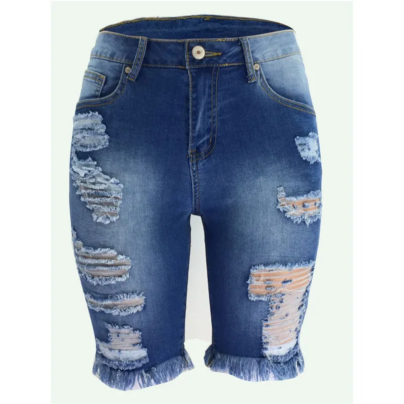 Women's Ripped Denim Shorts With Fringe Bermuda Shorts