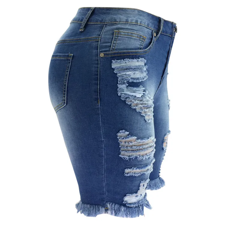 Women's Ripped Denim Shorts With Fringe Bermuda Shorts