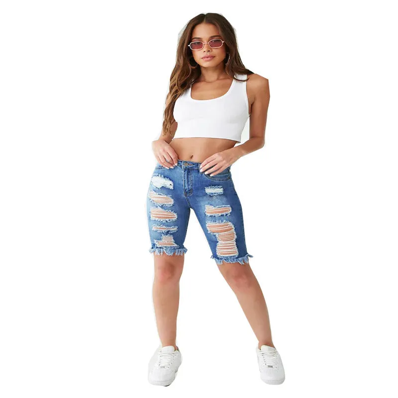 Women's Ripped Denim Shorts With Fringe Bermuda Shorts