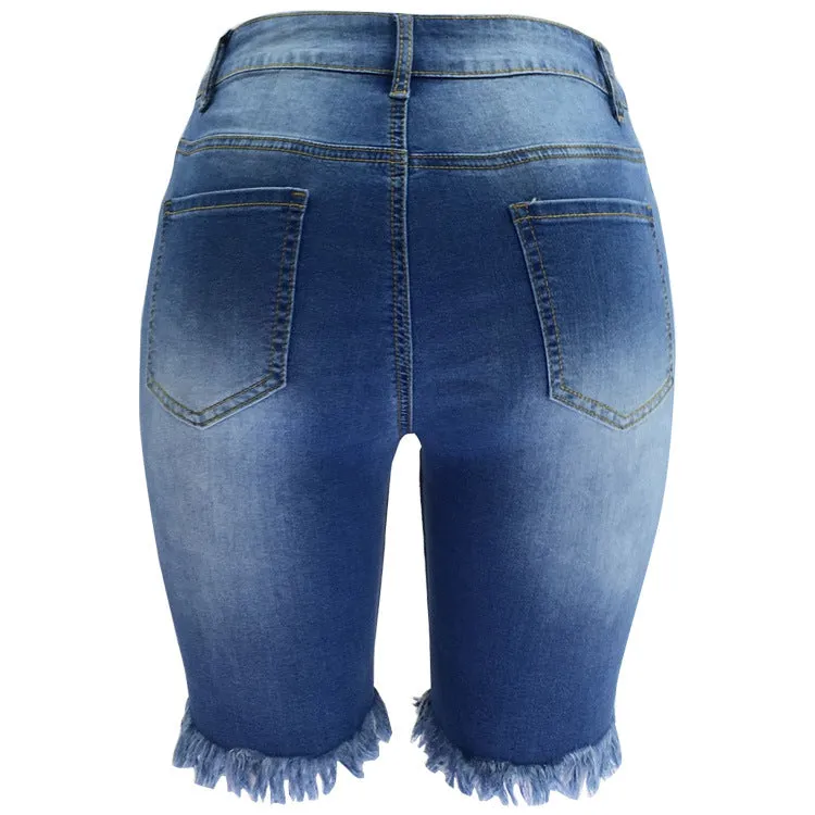Women's Ripped Denim Shorts With Fringe Bermuda Shorts