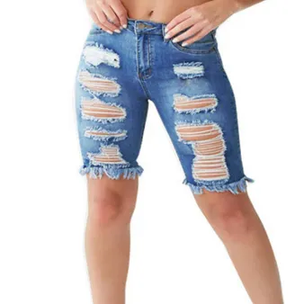 Women's Ripped Denim Shorts With Fringe Bermuda Shorts