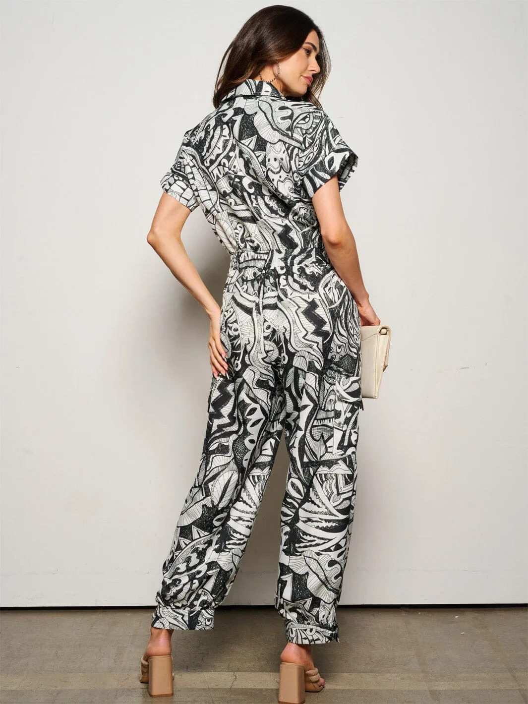 WOMEN'S SHORT PUFF SLEEVE BUTTON UP POCKETS MULTI PRINT JUMPSUIT