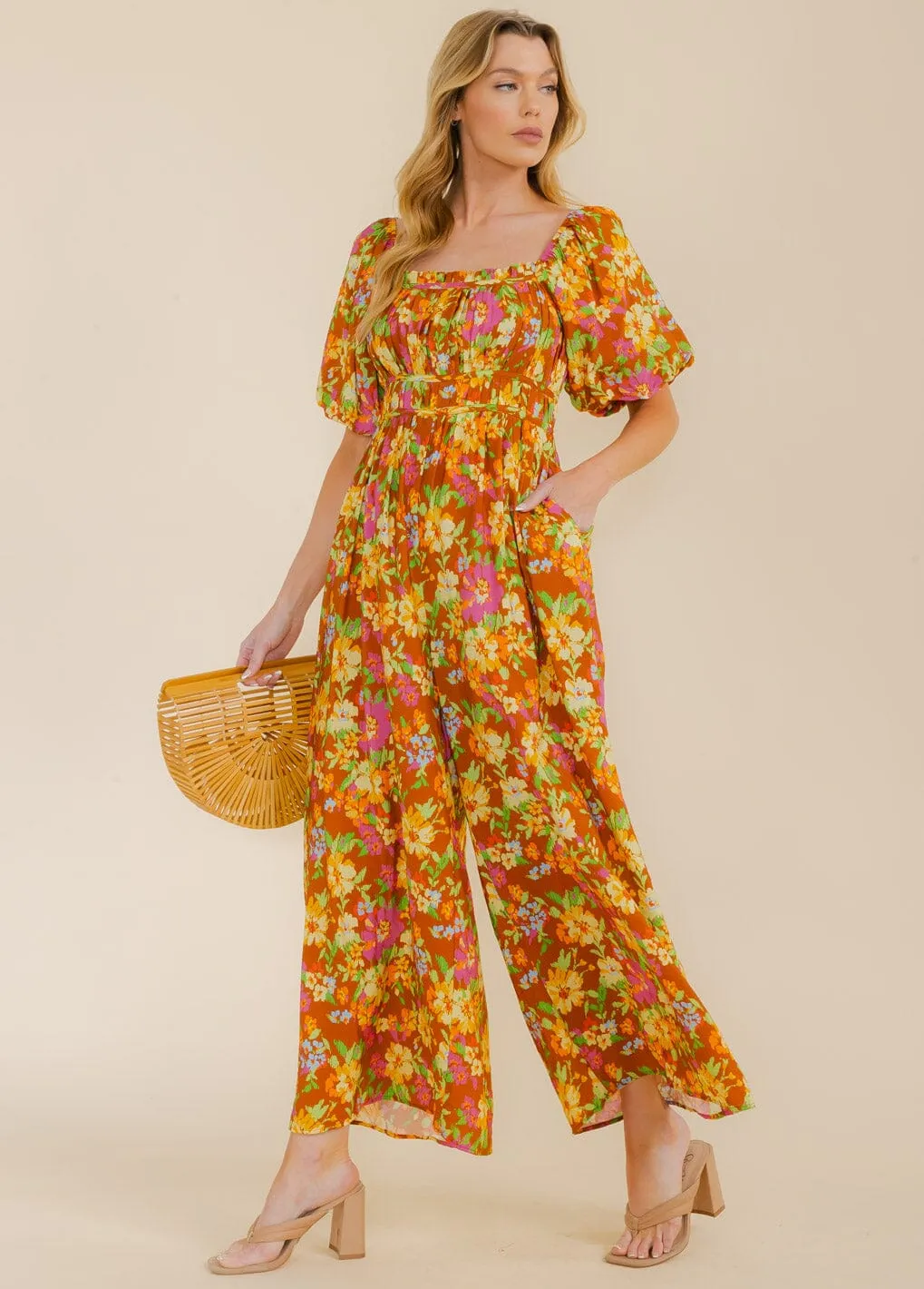 WOMEN'S SHORT PUFF SLEEVE SMOCK FLORAL WIDE LEG JUMPSUIT