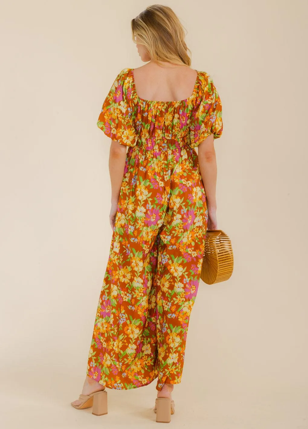 WOMEN'S SHORT PUFF SLEEVE SMOCK FLORAL WIDE LEG JUMPSUIT
