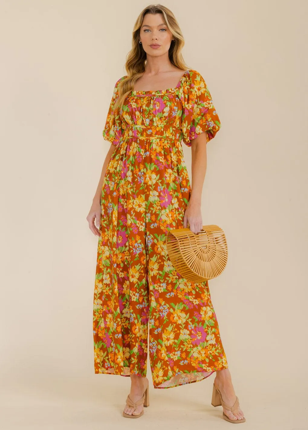 WOMEN'S SHORT PUFF SLEEVE SMOCK FLORAL WIDE LEG JUMPSUIT