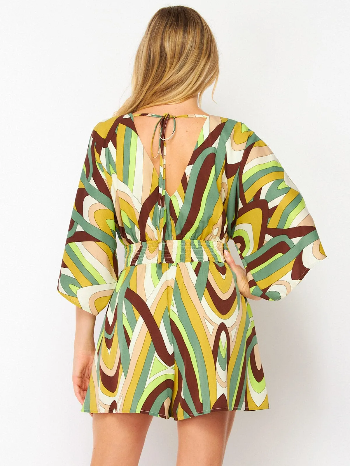 WOMEN'S SHORT SLEEVE SURPLICE POCKETS MULTI PRINT ROMPER