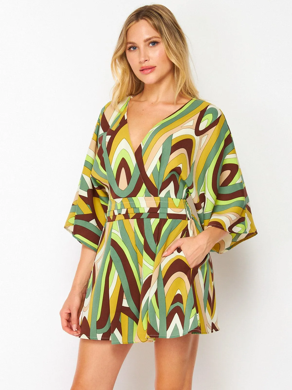 WOMEN'S SHORT SLEEVE SURPLICE POCKETS MULTI PRINT ROMPER